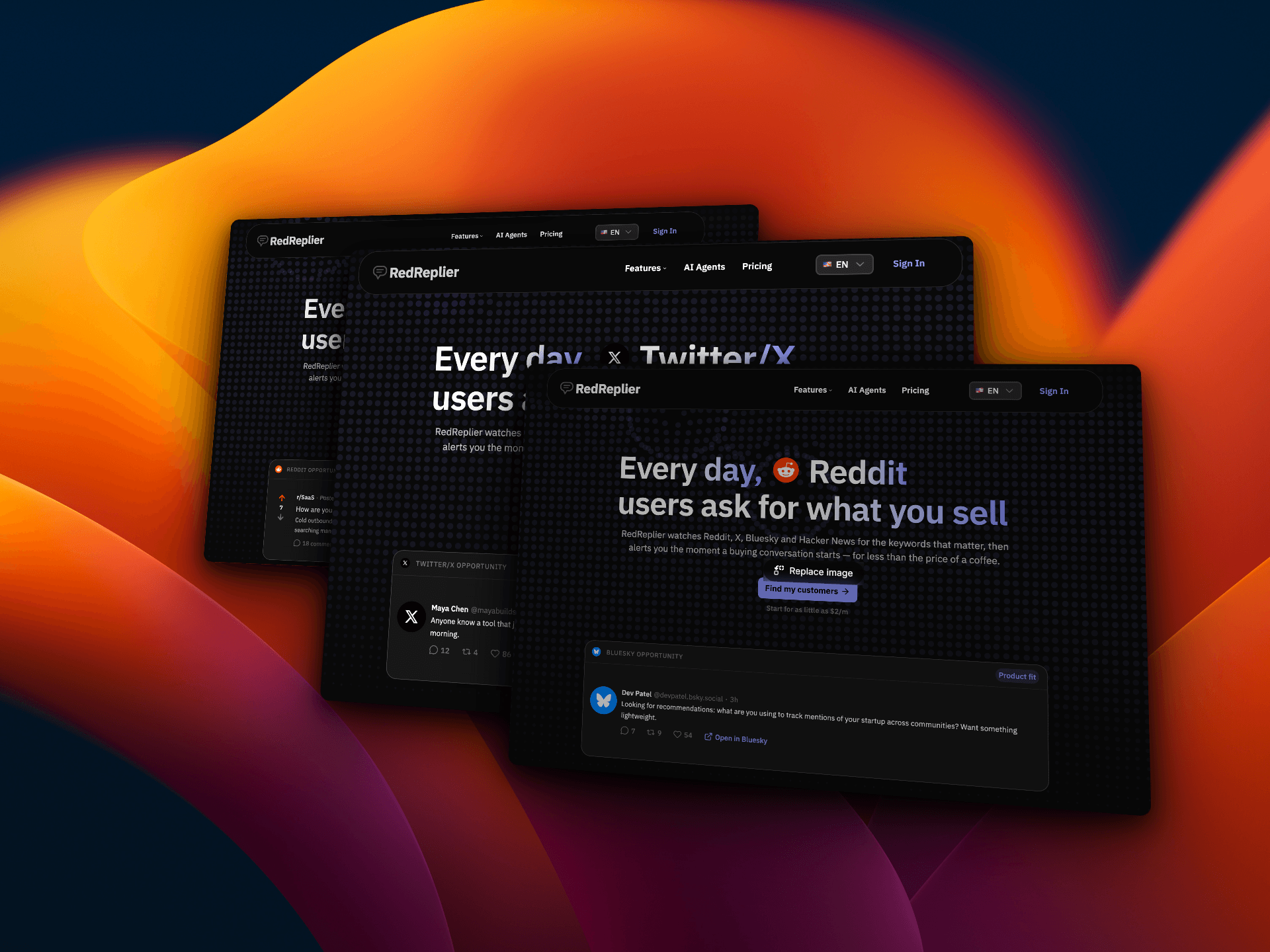 RedReplier landing page showing Reddit, X, and Bluesky buying conversations for the press kit