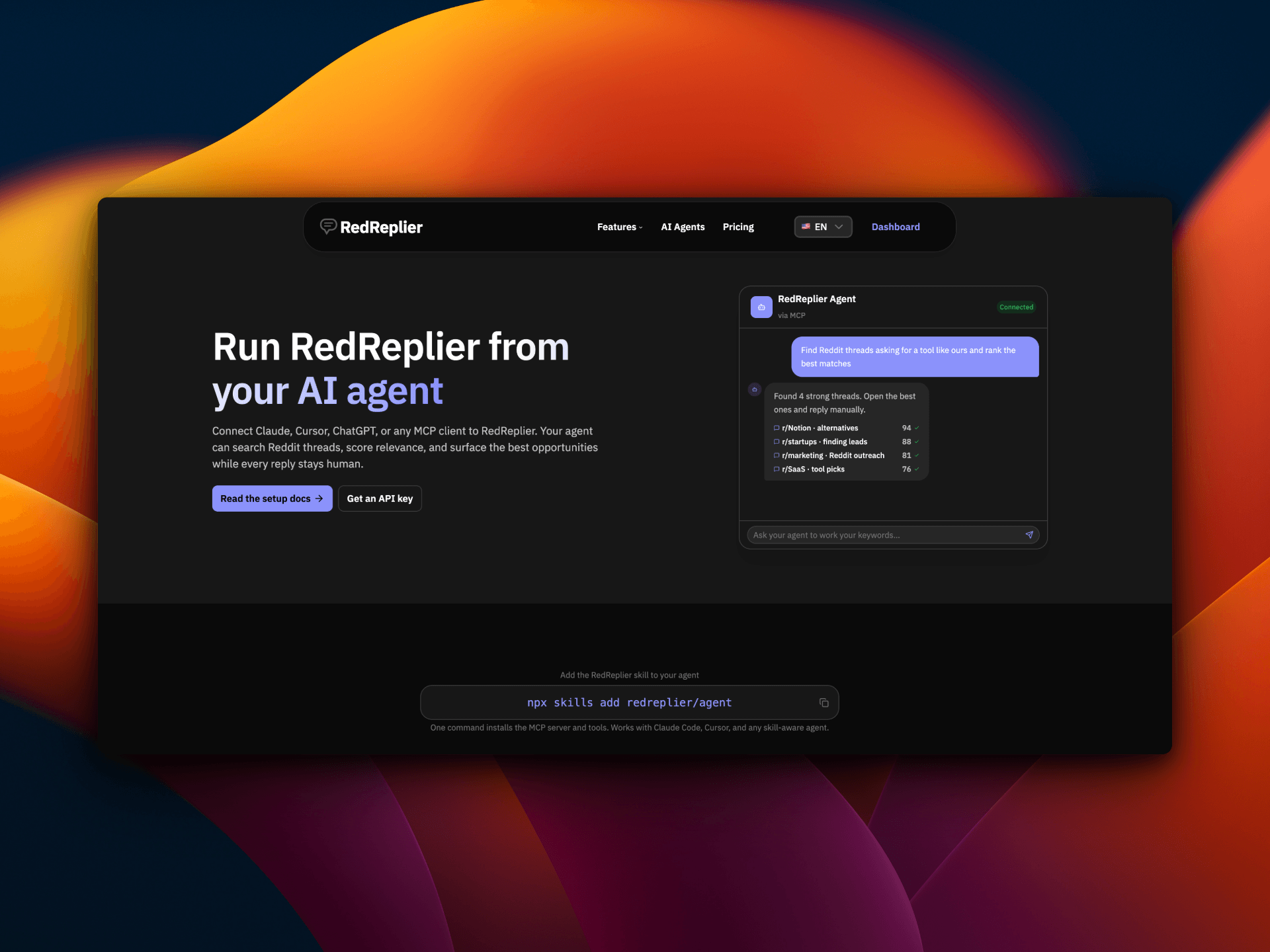 RedReplier AI agent page showing MCP search and ranked Reddit threads for the press kit